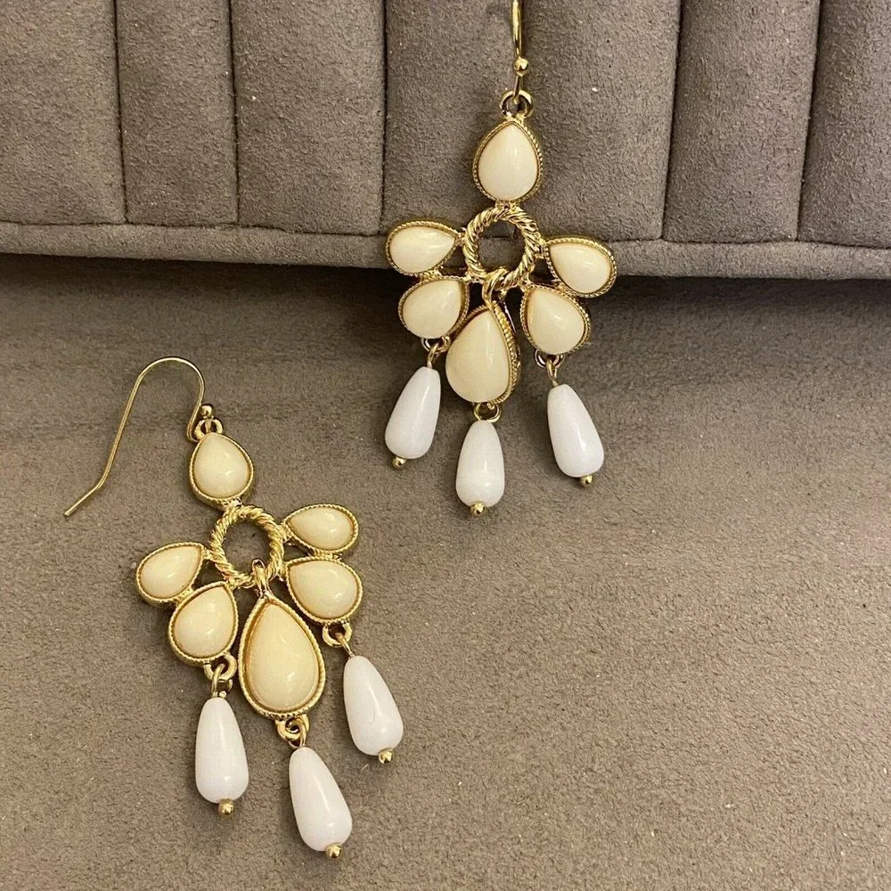 Lia Sophia Rhumba Earrings Beige White Gold Tones 2.75